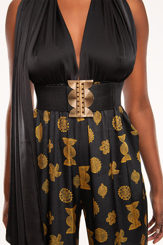 ELMINA black silk jumpsuit with belt